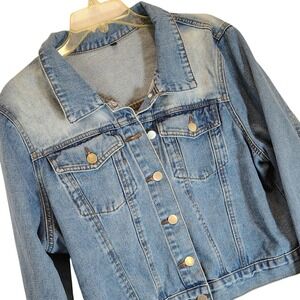 Womens Med Wash Blue Distressed Denim Trucker Jacket Cropped Faded Button Up XL